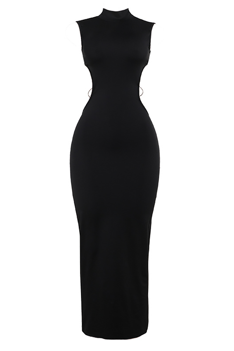 Stand Collar Sleeveless Cross Straps Backless Bodycon Maxi Dresses - Black