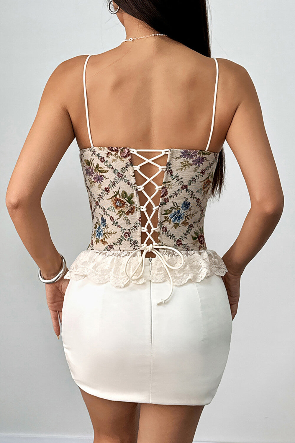 Lace Patchwork Floral Jacquard Cinch Waist Cami - Yellow