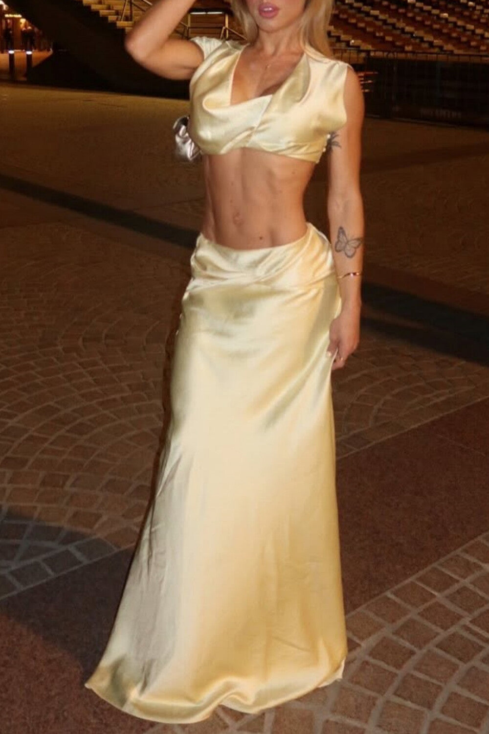 Cowl Neckline Crop Top Solid Color Twisted Maxi Skirt Set - LightYellow