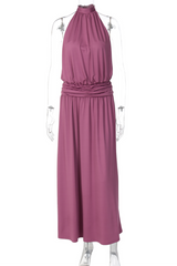 Solid Color Cinch Waist Halter Maxi Dresses - Purple