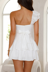 Ruffled One Shoulder Strap Cutout Tiered Hem Mini Dresses - White