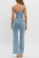 Square Neck Corset Front Zip Flared Leg Denim Strappy Jumpsuit - Blue