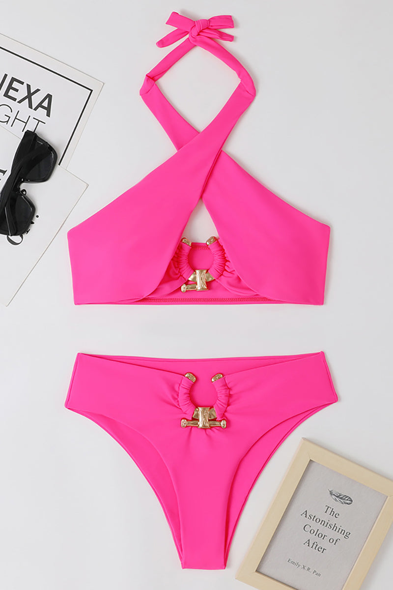 Crossover Cut Out Halter Neck Metal Decor High Waist Bikini Two - Piece Set Swimsuit