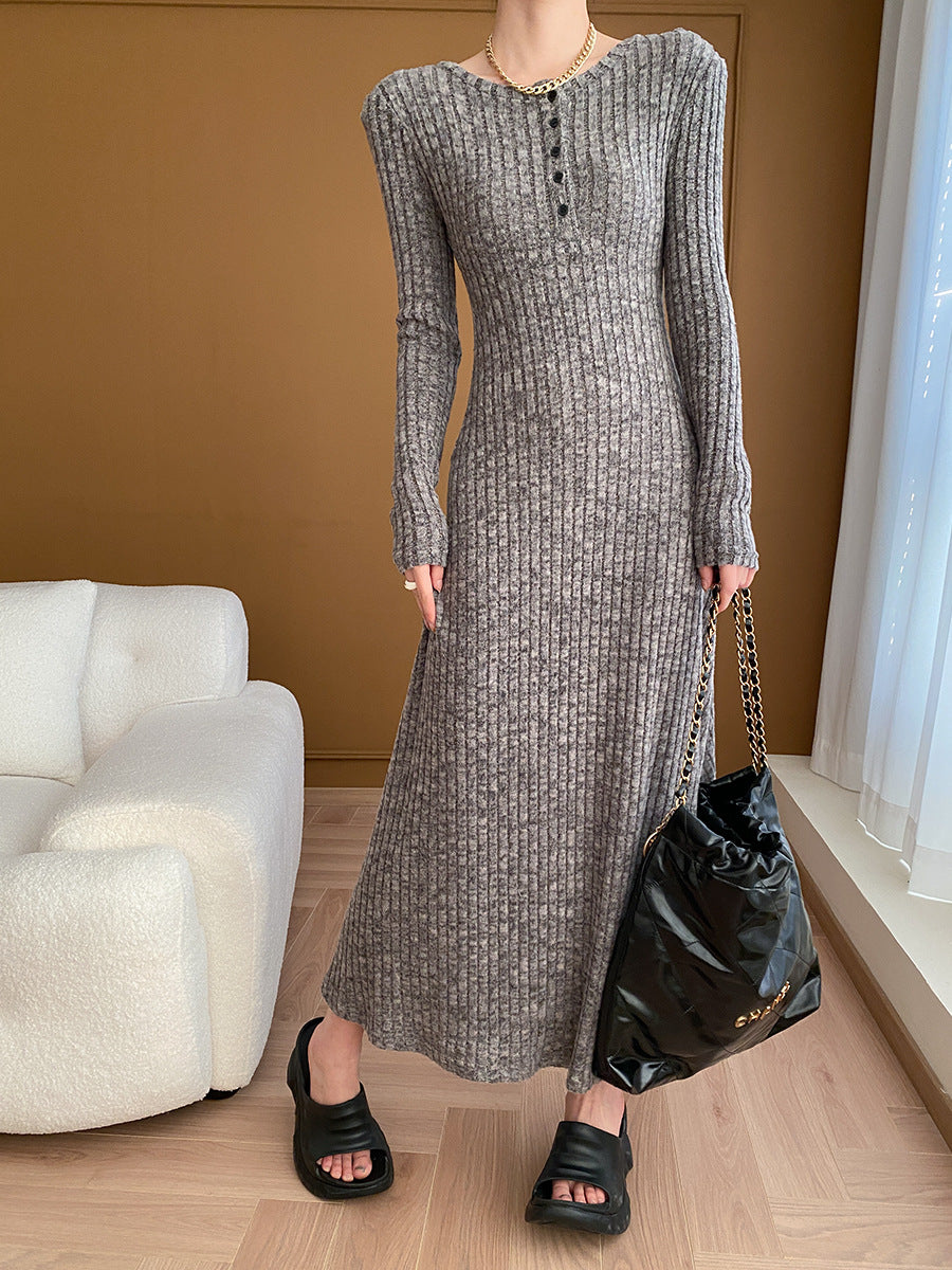 French shoulder pad slimming knitted dress