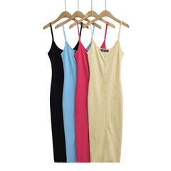 Single Breasted Rib Knitted Dress Women Spaghetti Strap Midi Split Dresses