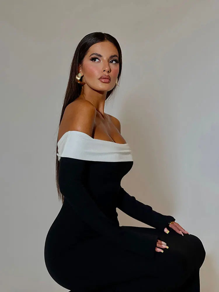 Shoulder Contrast Color Knitted Maxi Dress Women Long Sleeve Bodycon Dresses Female Chic Party Evening Robe