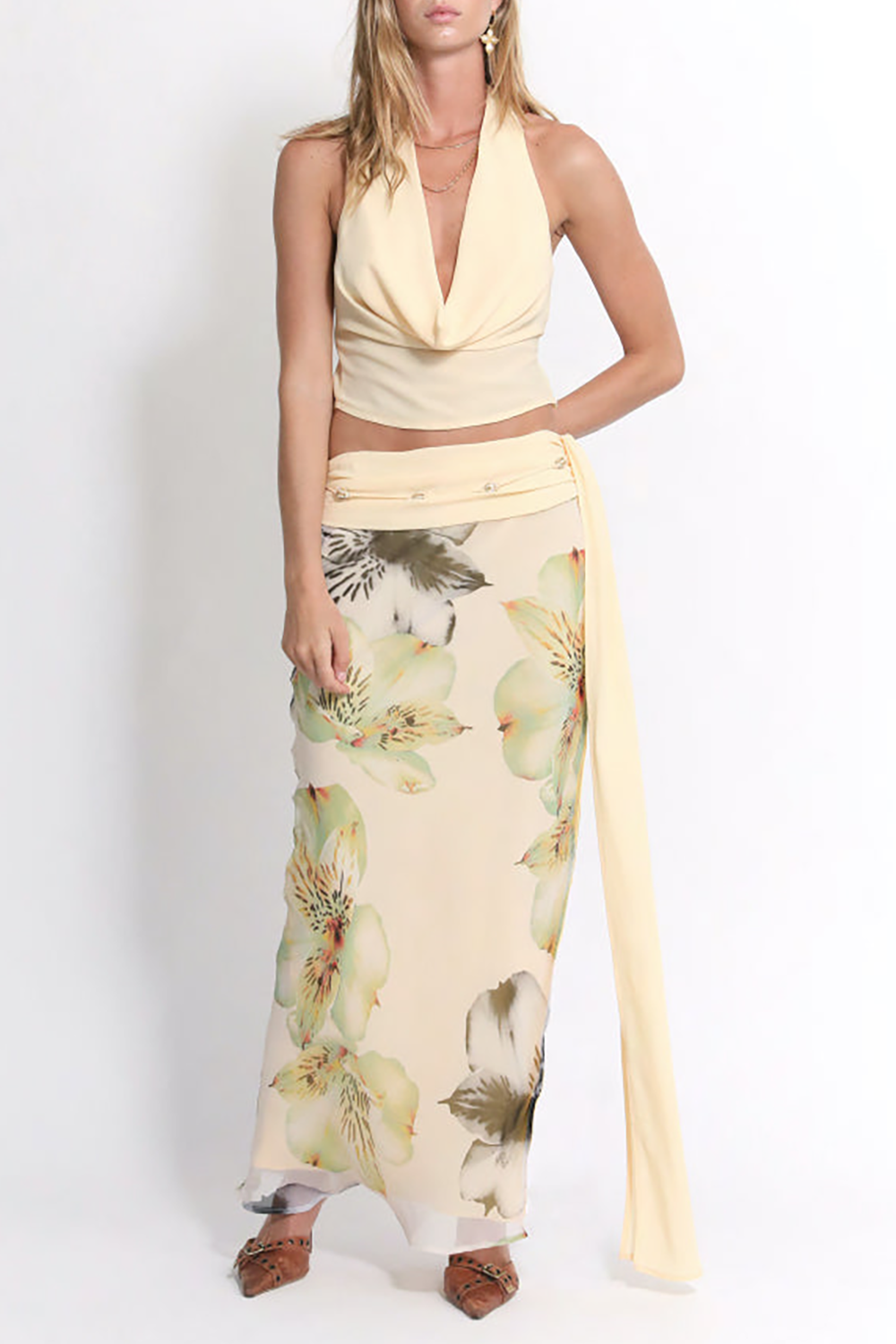 Cowl Neck Crop Top Floral Print Slit Maxi Skirt 2pcs Set - Yellow