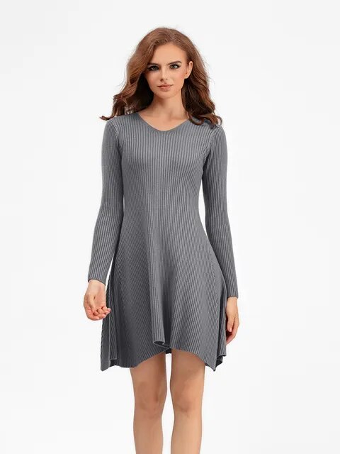 Long Sleeved High Waisted Short Knitted Dress Women Solid High Collar Sweater A-line Dresses Autumn Chic Female Street