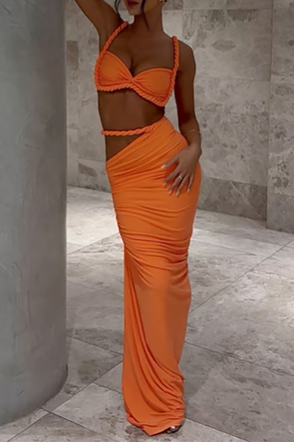 Braided Crop Cami Cutout Ruched Bodycon Maxi Skirt 2pcs Set - Orange