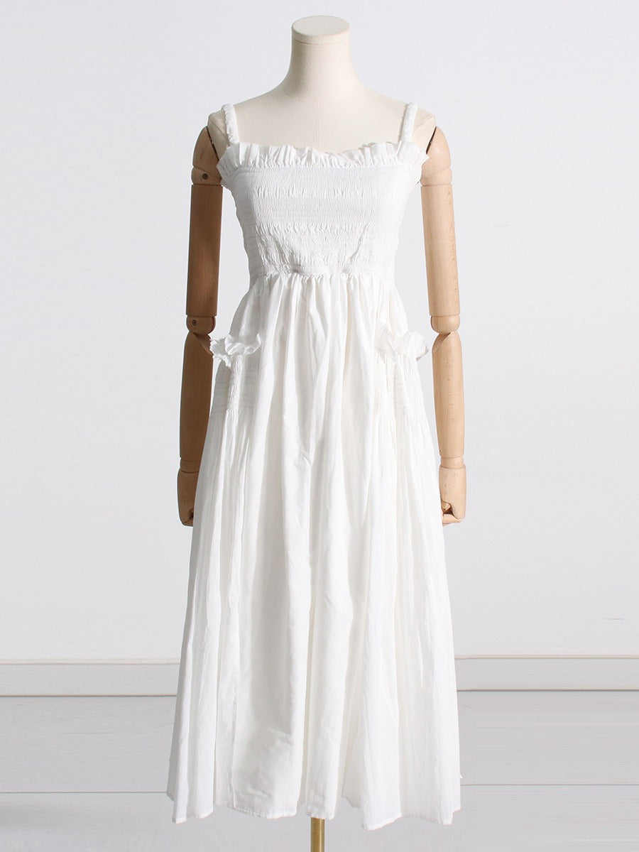 Party dress with pleated suspender and long solid color large hem dress
