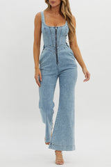 Square Neck Corset Front Zip Flared Leg Denim Strappy Jumpsuit - Blue