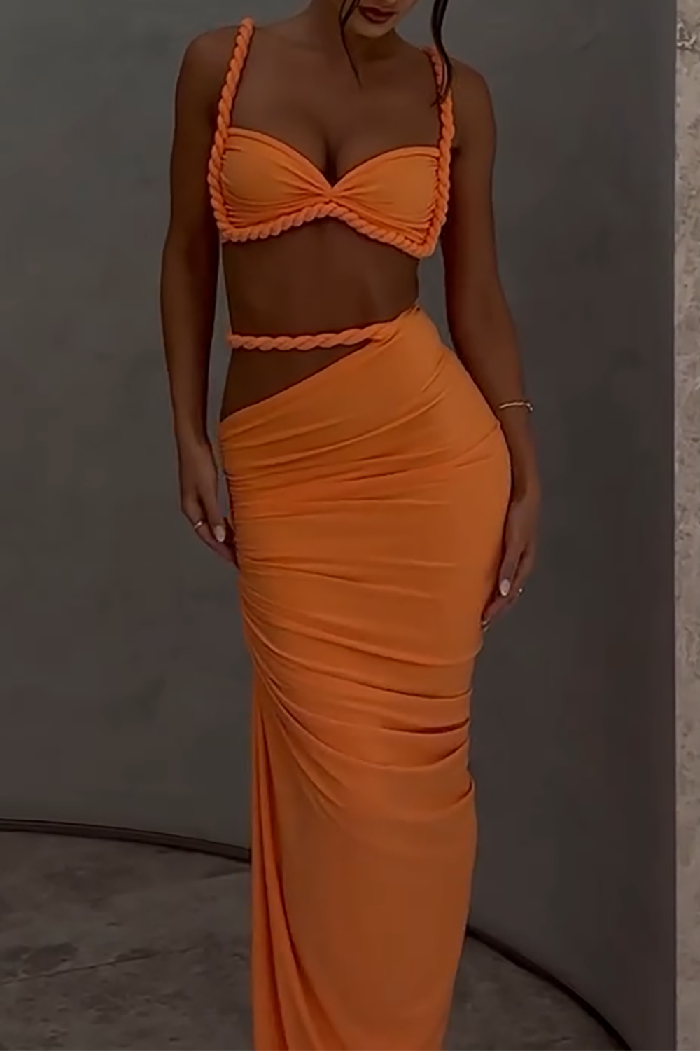 Braided Crop Cami Ruched High Slit Maxi Skirt 2pcs Set - Orange