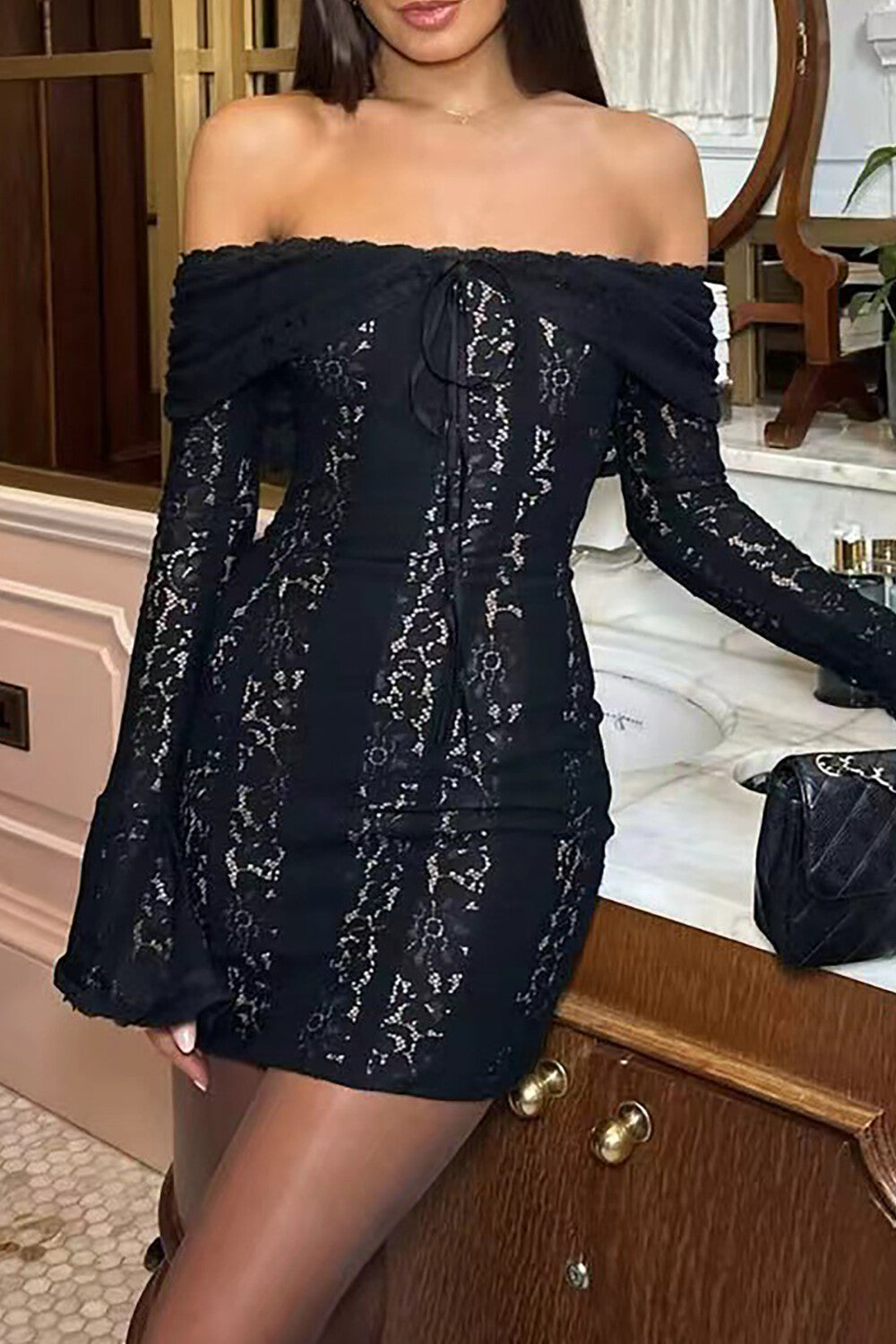 Off Shoulder Flare Sleeve Floral Lace Bodycon Mini Dresses - White