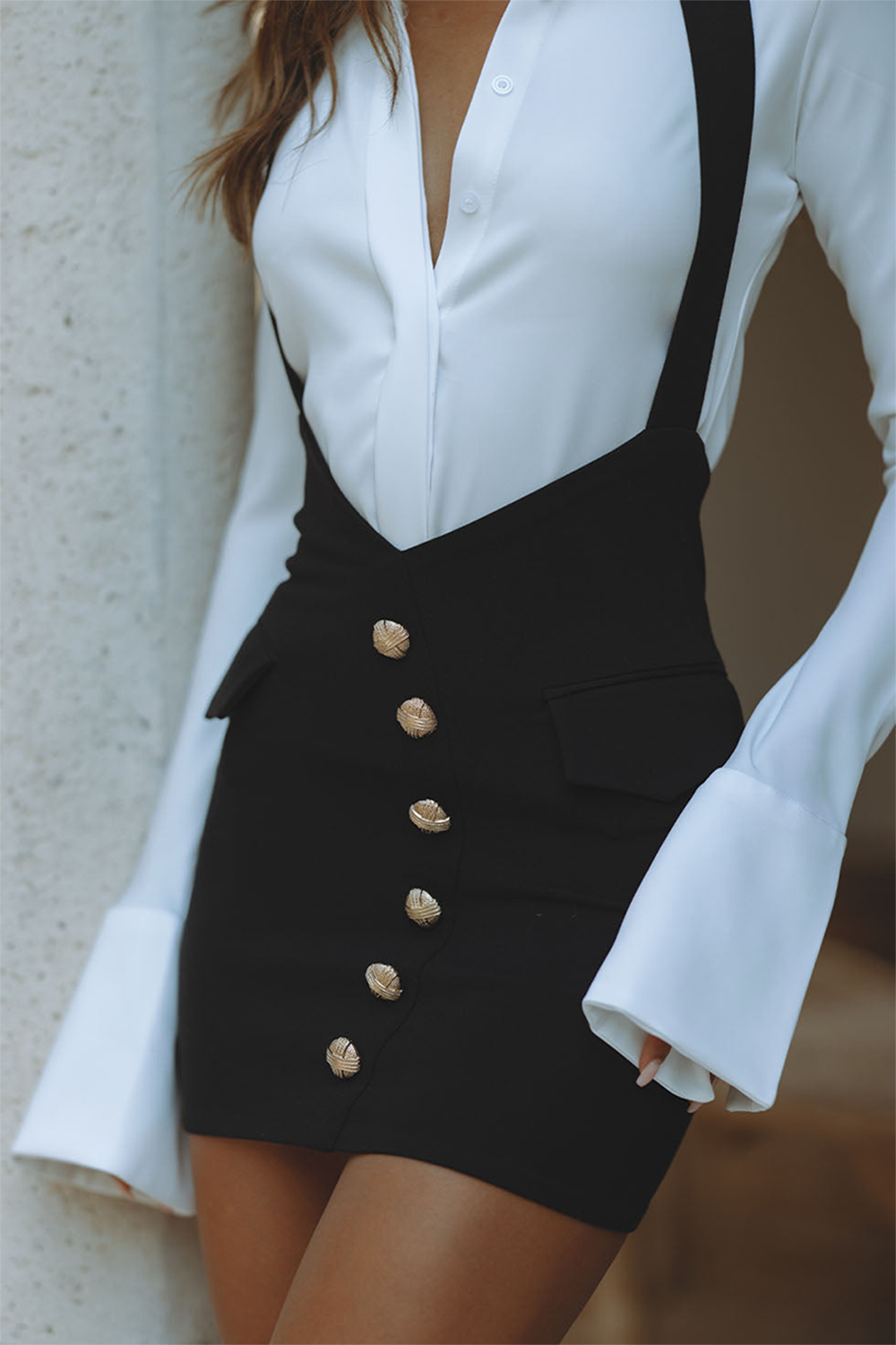 Flared Sleeve Blouse Button Up Suspender Mini Skirt 2pcs Set