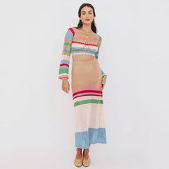GACVGA Striped Knitted Sexy Long Dress Full Sleeve Hollow Out Casual Women Beach Party Maxi Dress