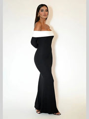 Shoulder Contrast Color Knitted Maxi Dress Women Long Sleeve Bodycon Dresses Female Chic Party Evening Robe