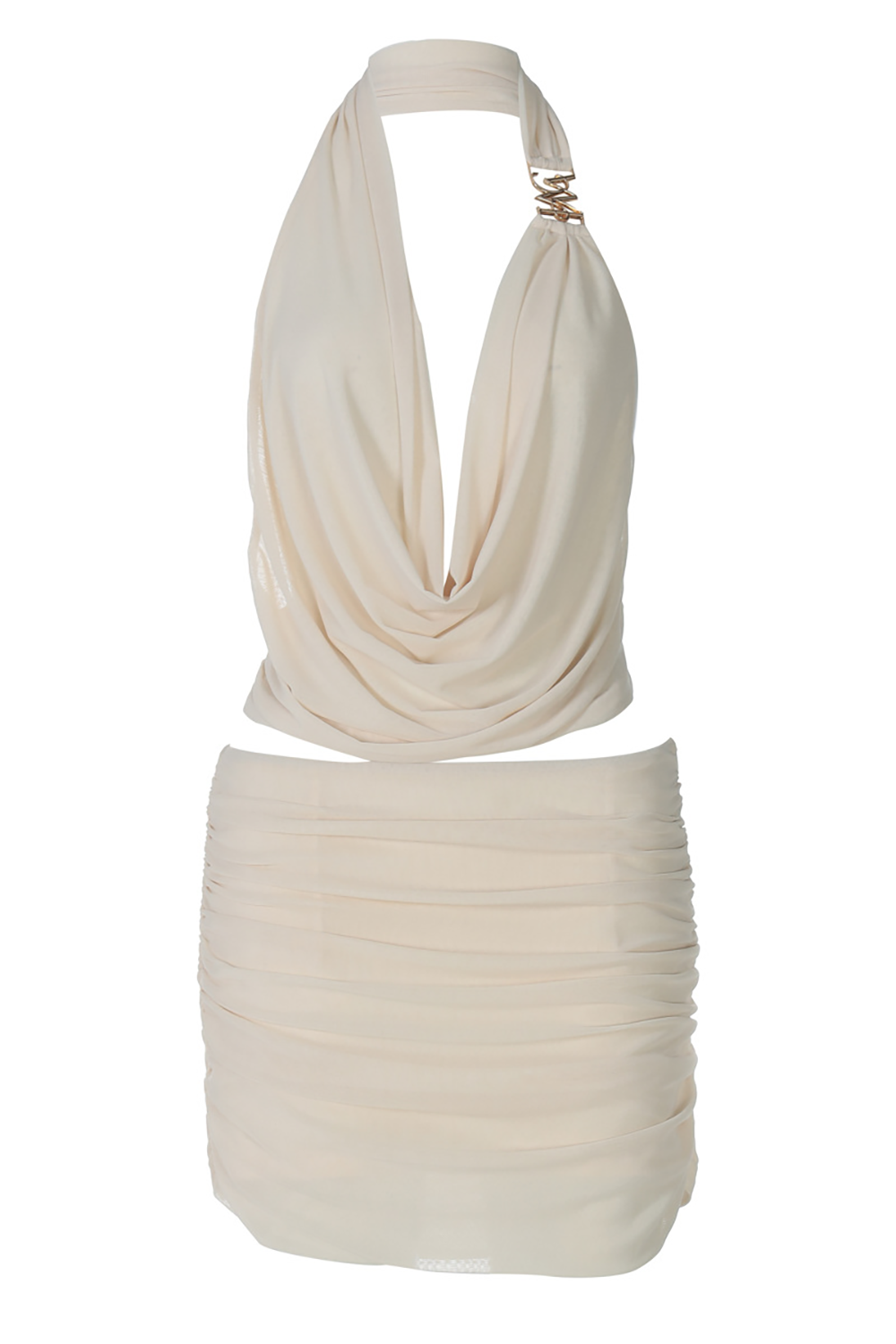 Cowl Neckline Halter Top Ruched Bodycon Mini Skirt 2pcs Set - Beige