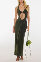 U Neck Cutout Tie Up Ruched Shimmery Maxi Tank Dresses - Green