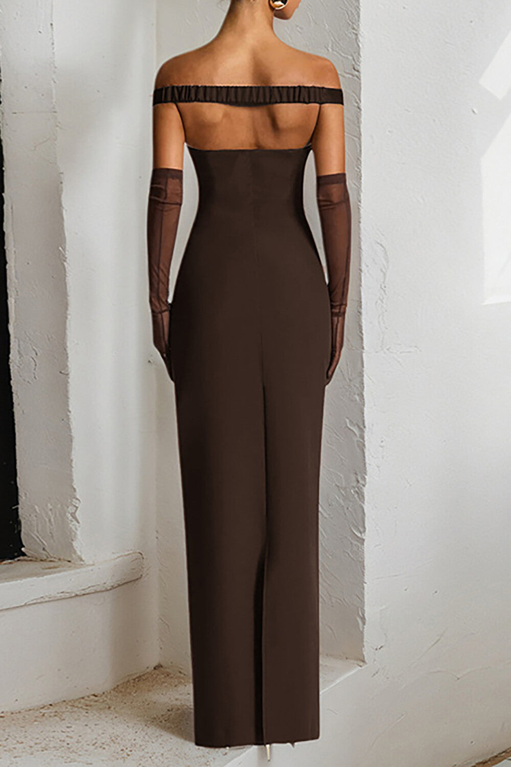 Off Shoulder V Neckline Ruched Slim Fit Solid Color Maxi Dresses - Pink