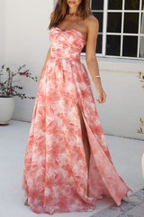 Floral Print Strapless High Slit Flowy Hem Maxi Dresses - Red