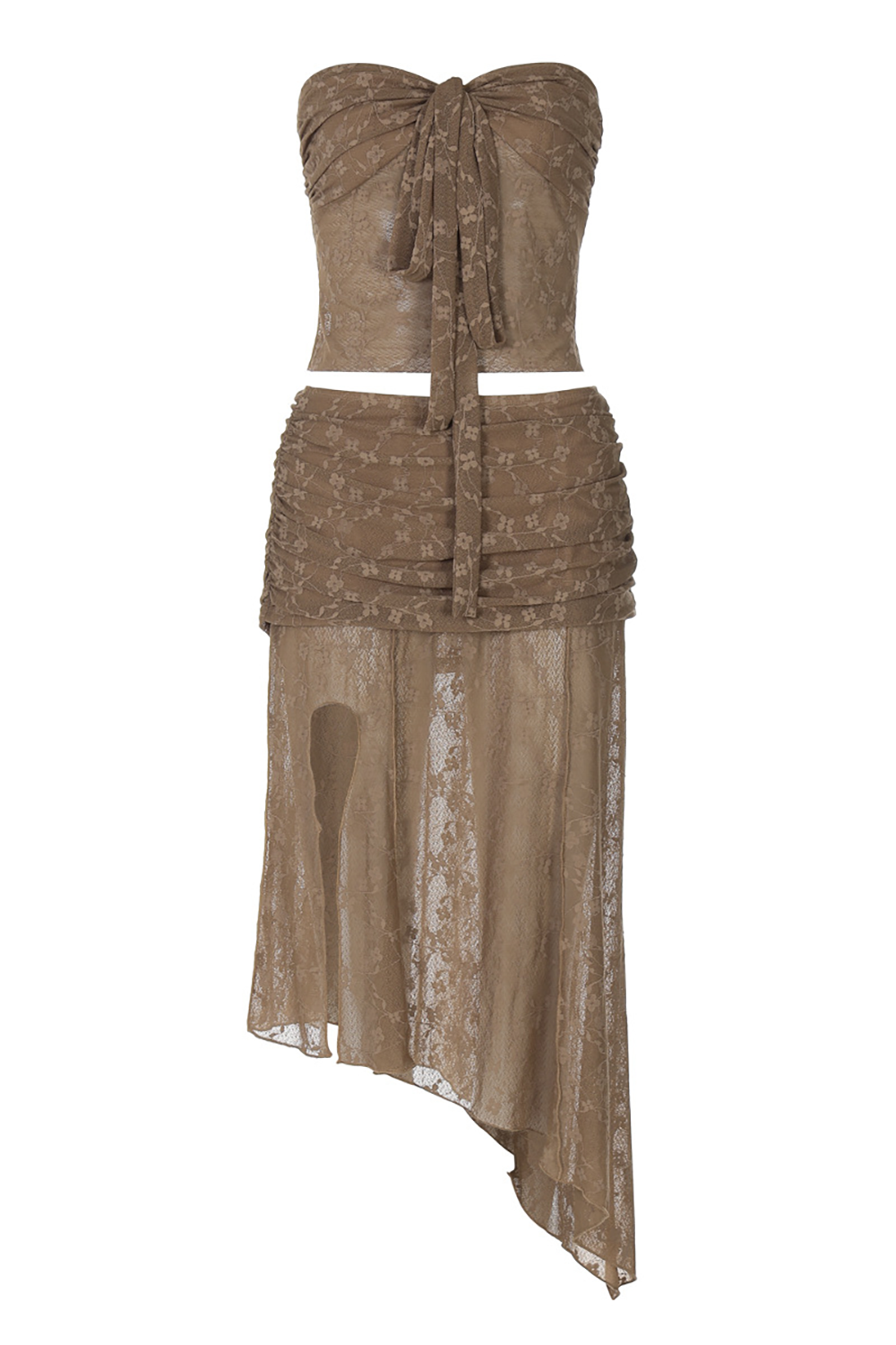 Strapless Tie Up Crop Top Lace Slit Irregular Midi Skirt 2pcs Set - Coffee
