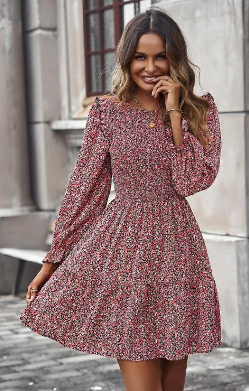 Round neck floral dress long-sleeved all-match A-line skirt