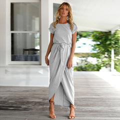 short sleeved front slit irregular short sleeved slim fit dress