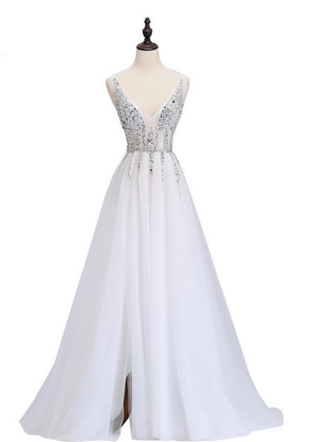 Sexy Side Split Prom Dresses Deep V-Neck Backless Beads Crystal Party Gowns Sleeveless Sweep Train Cheap Tulle Party Dress