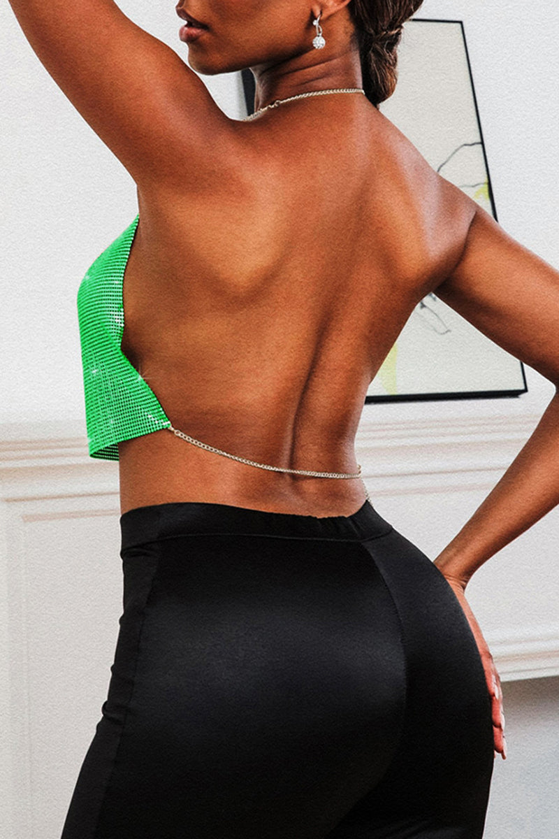 Cowl Neckline Sequin Party Shimmery Halter Crop Top - Gold