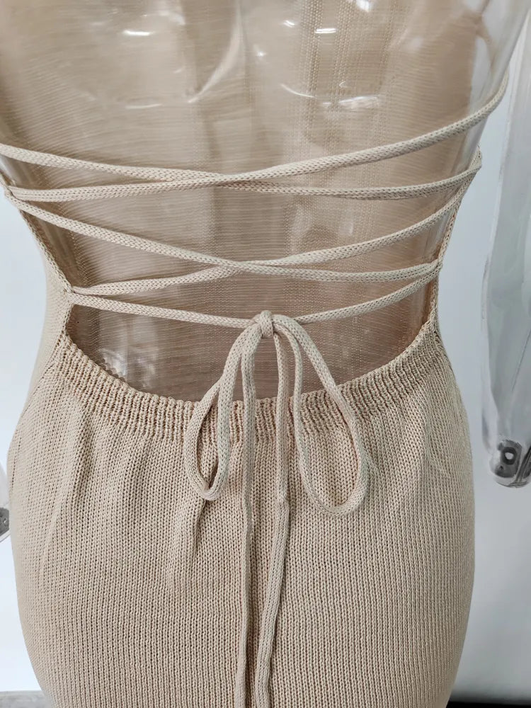 Women Knitted Dress Slash Neck Sleevesless Lace-up Backless Split Slim Ankle-length Dresses