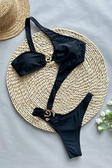 One Shoulder Metal Decor Cutout One - Piece Swimsuit - Black