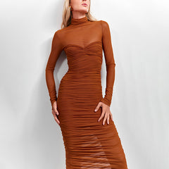 High neck mesh spliced long sleeved sexy hip hugging pleated dress