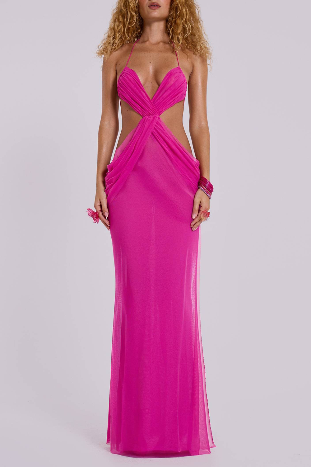 Halter Neck Ruched Cutout Backless Side Slit Maxi Dresses - Fuchsia