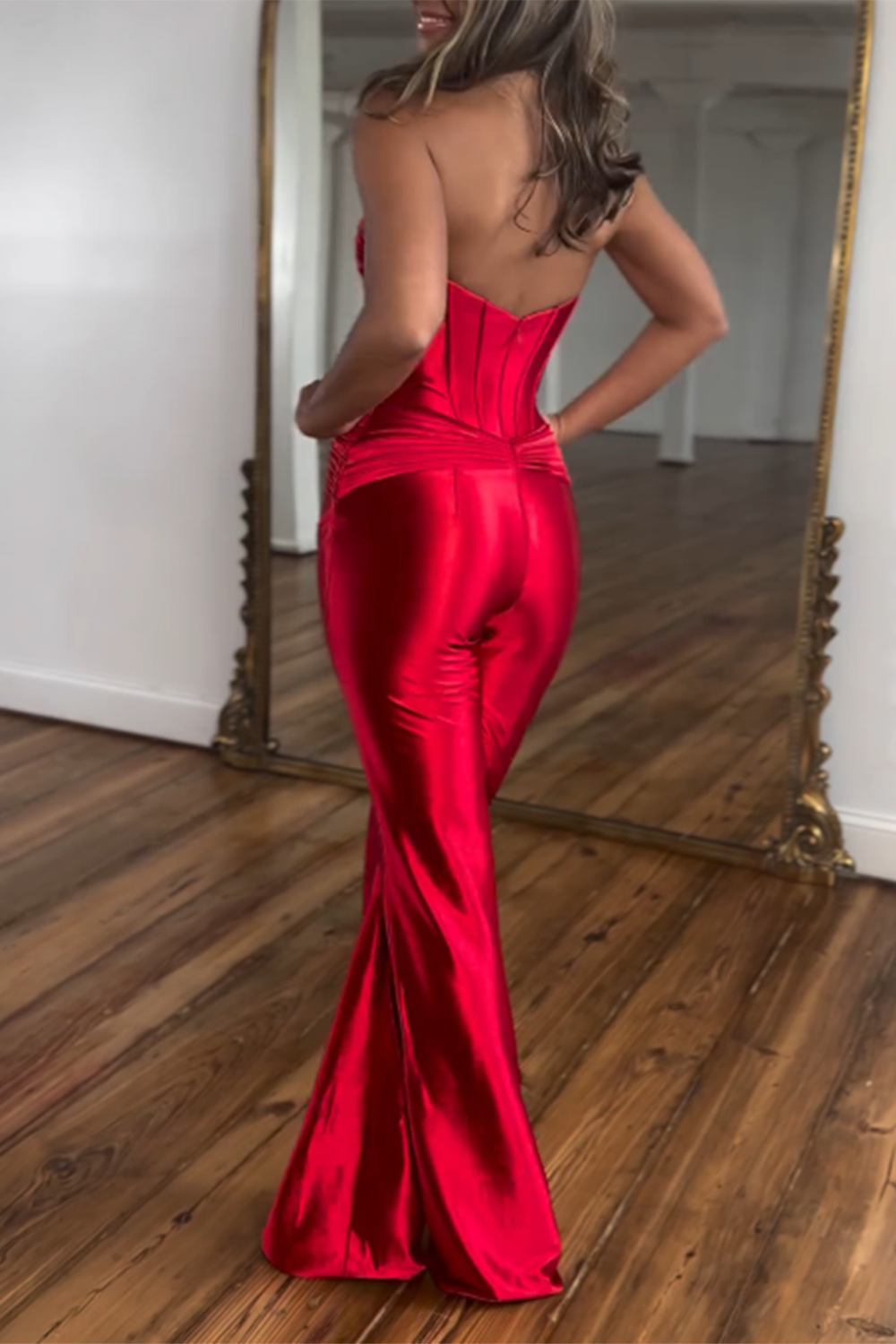 Twisted Strapless Cutout Corset Straight Leg Party Jumpsuit - Red