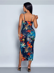 Floral Print Ruffled High - Low Hem Halter Maxi Dresses - SteelBlue Pre Order