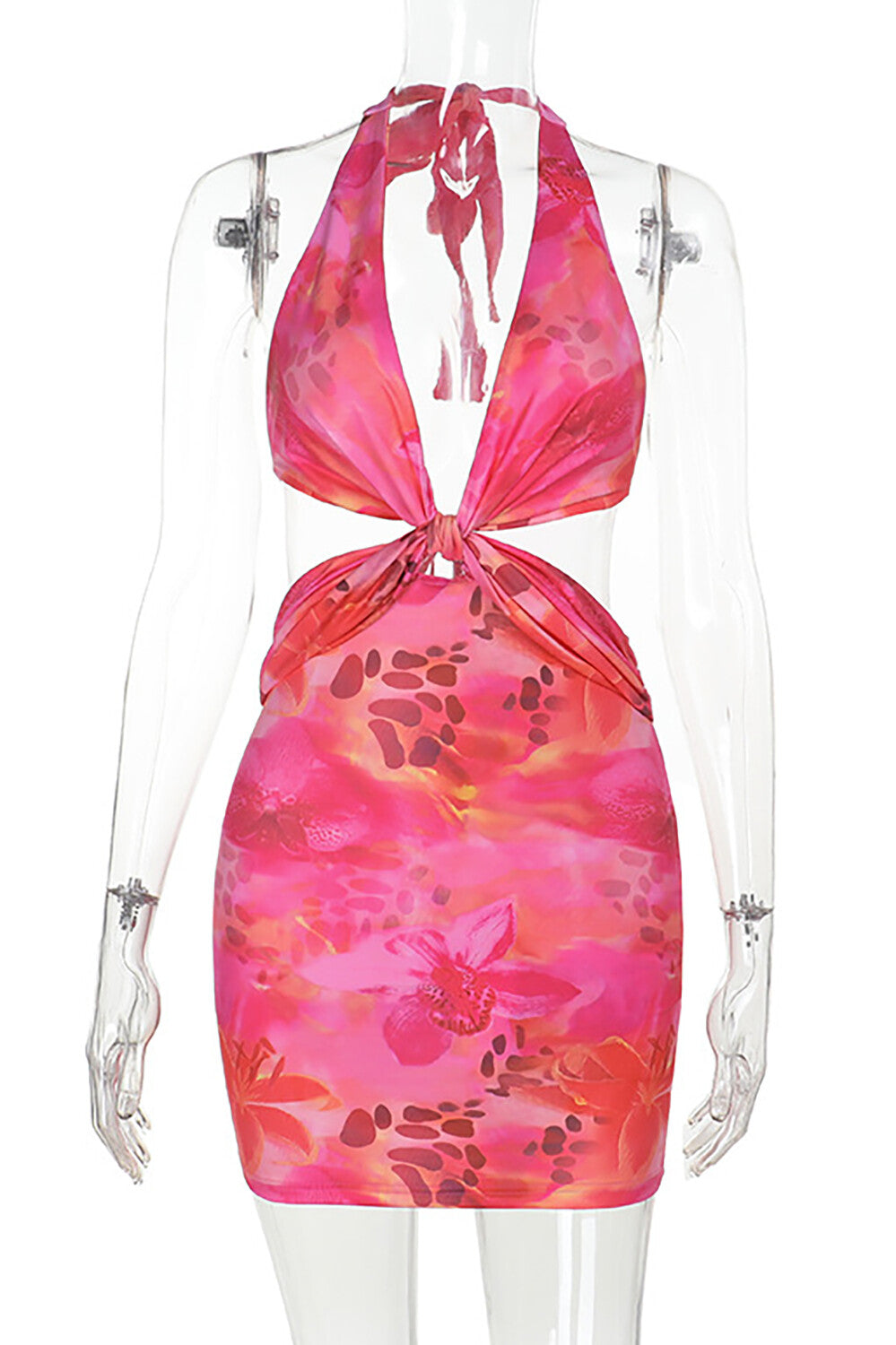 Floral Print Deep V Neck Cutout Open Back Halter Fitted Mini Dresses - Pink