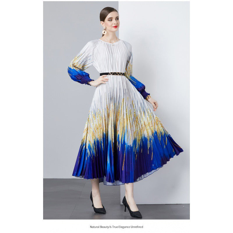 European and American style round neck three bedroom pleated slim fit mid length dress