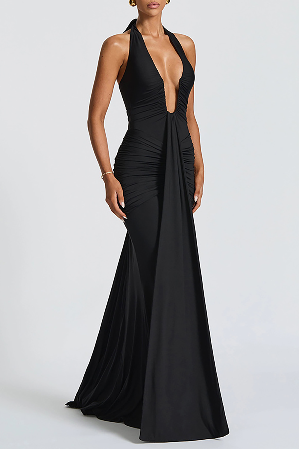 Deep V Neck Ruched Bodycon Solid Color Halter Maxi Dresses - Green
