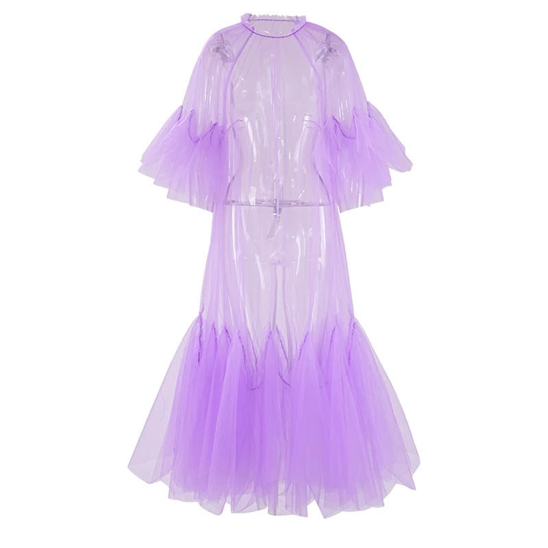 Lace collar loose petal short sleeved mesh dress, women's patchwork puffy skirt, hood skirt