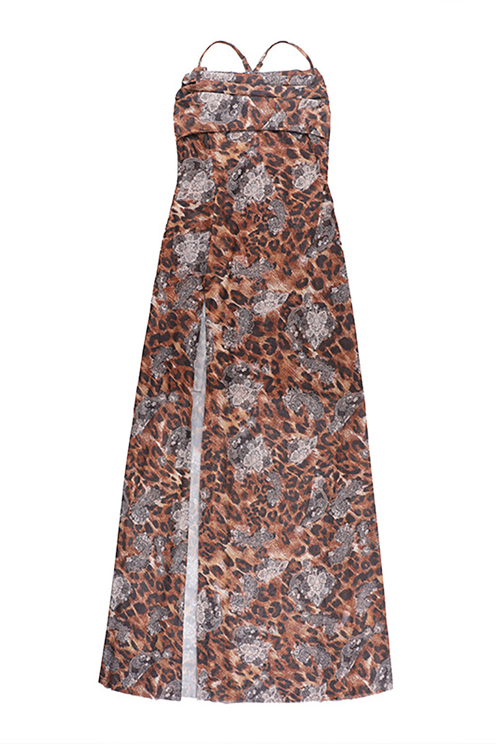 Leopard Floral Print High Slit Strappy Maxi Dresses - Brown