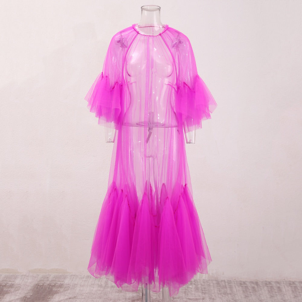 Lace collar loose petal short sleeved mesh dress, women's patchwork puffy skirt, hood skirt