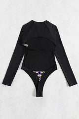 Backless Rhinestone Decor Long Sleeve One - Piece Swimsuit - Black