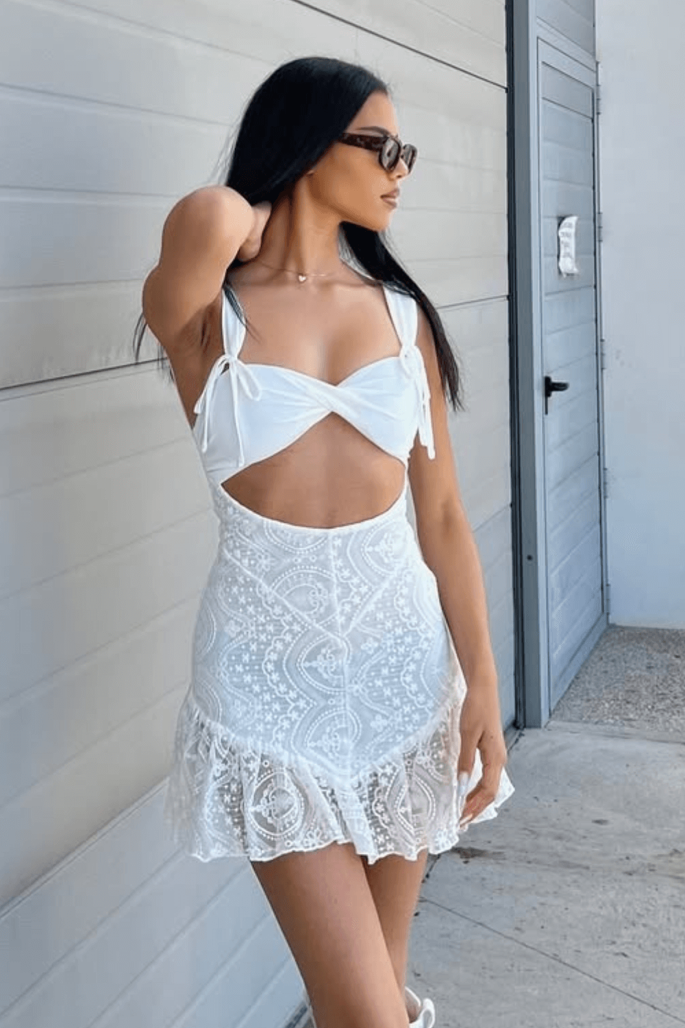 Irregular Neck Back Lace Up Sleeveless Mesh embroidery Jacquard Ruffle Hem Mini Dresses
