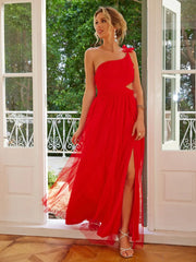 Women's single shoulder solid color mesh slit slim fit dress