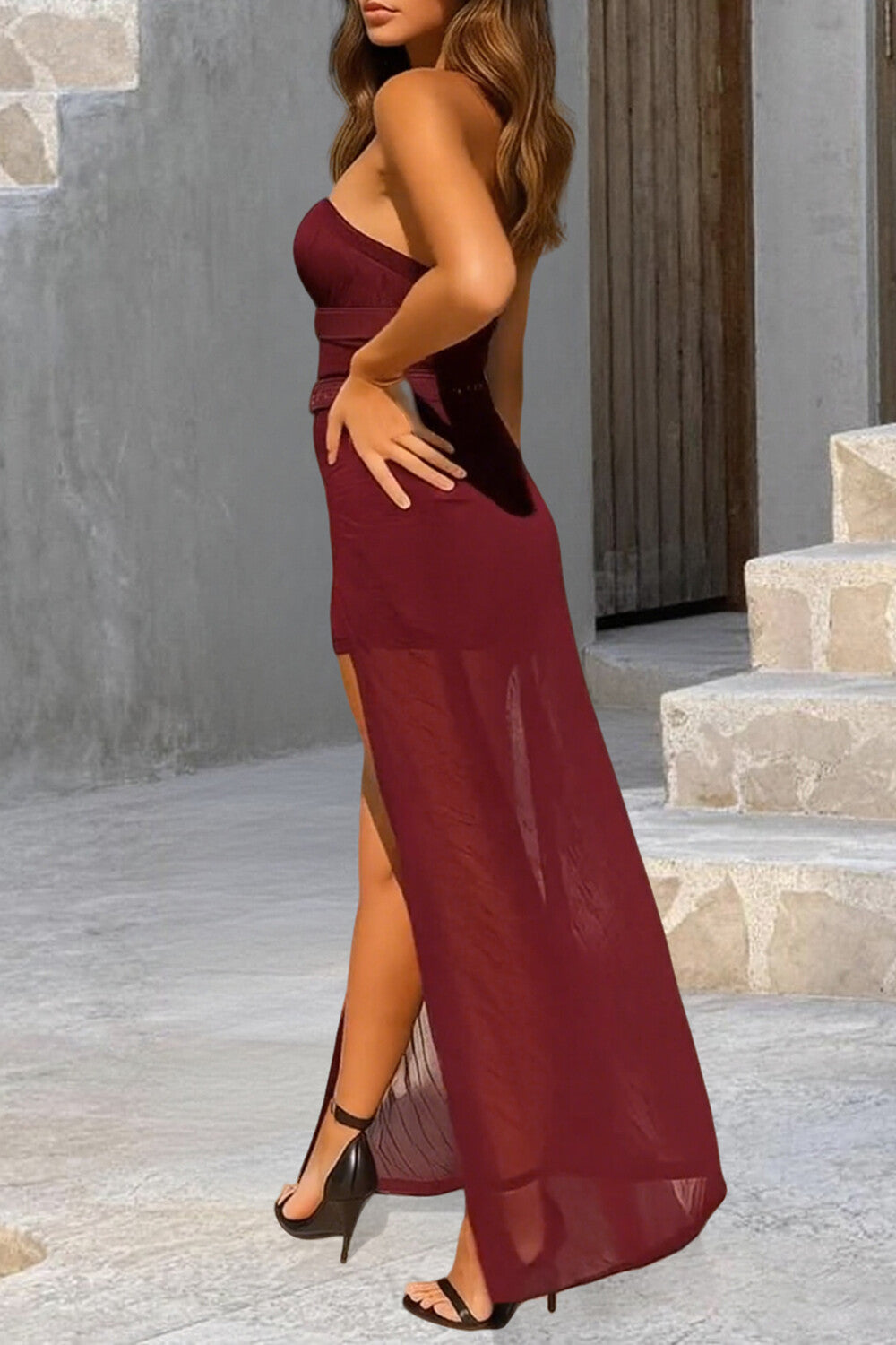 Belted Mesh Overlay Strapless Playsuit Romper 2pcs Set - Burgundy Pre Order