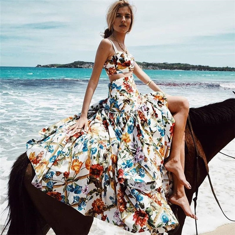 Plus Size 3XL Bohemian Beach Print Dress Sexy Party Night Elegant Maxi White Dress