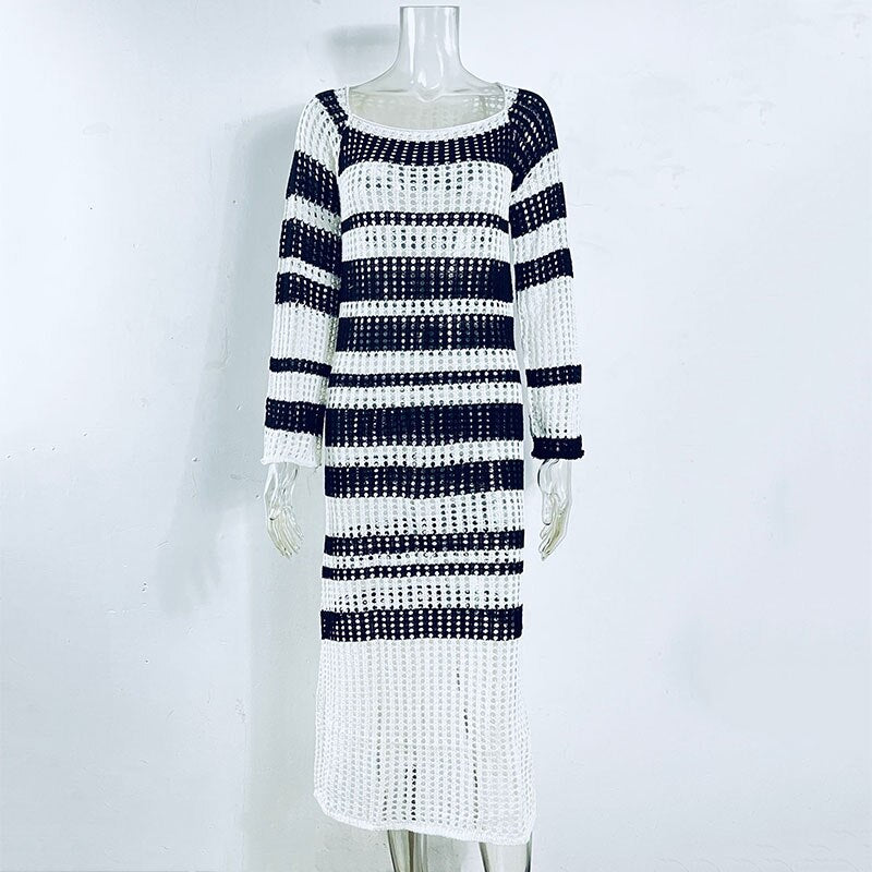 GACVGA Striped Knitted Sexy Long Dress Full Sleeve Hollow Out Casual Women Beach Party Maxi Dress