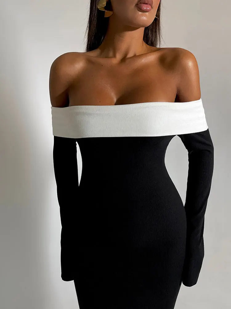 Shoulder Contrast Color Knitted Maxi Dress Women Long Sleeve Bodycon Dresses Female Chic Party Evening Robe