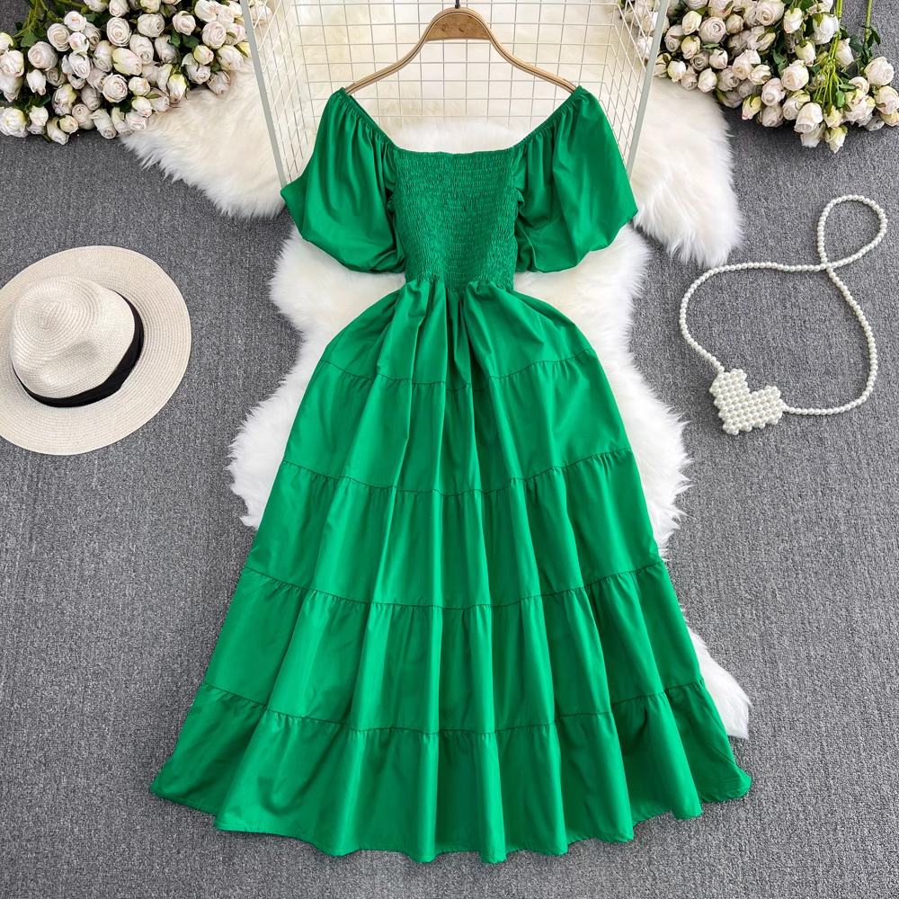 Bubble Short Sleeve Square Neck A-Line Dress Seaside Holiday Swing Long Dress