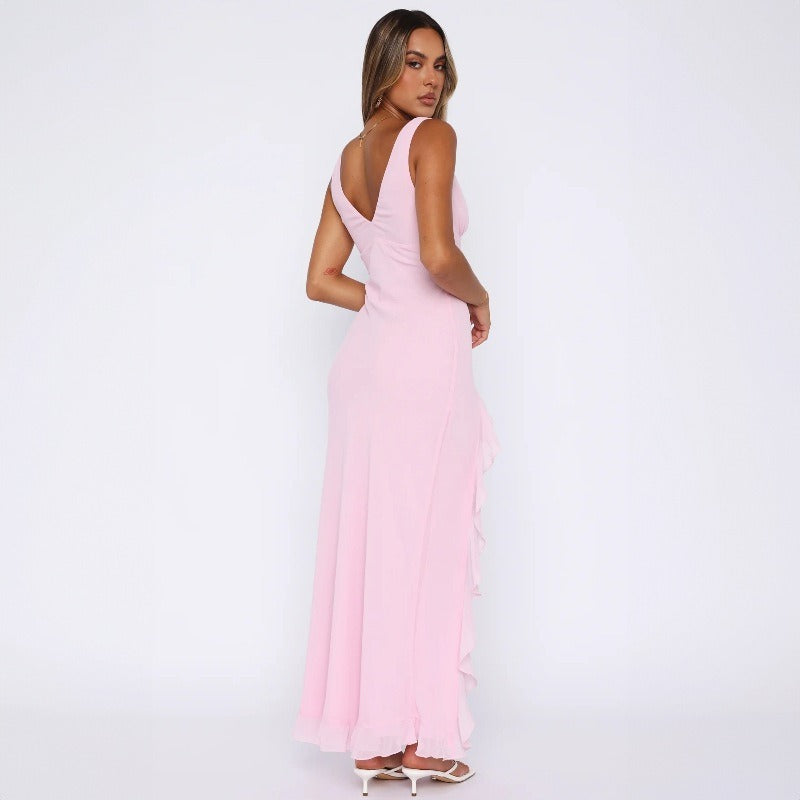 V-neck sleeveless black fungus edge slit backless dress